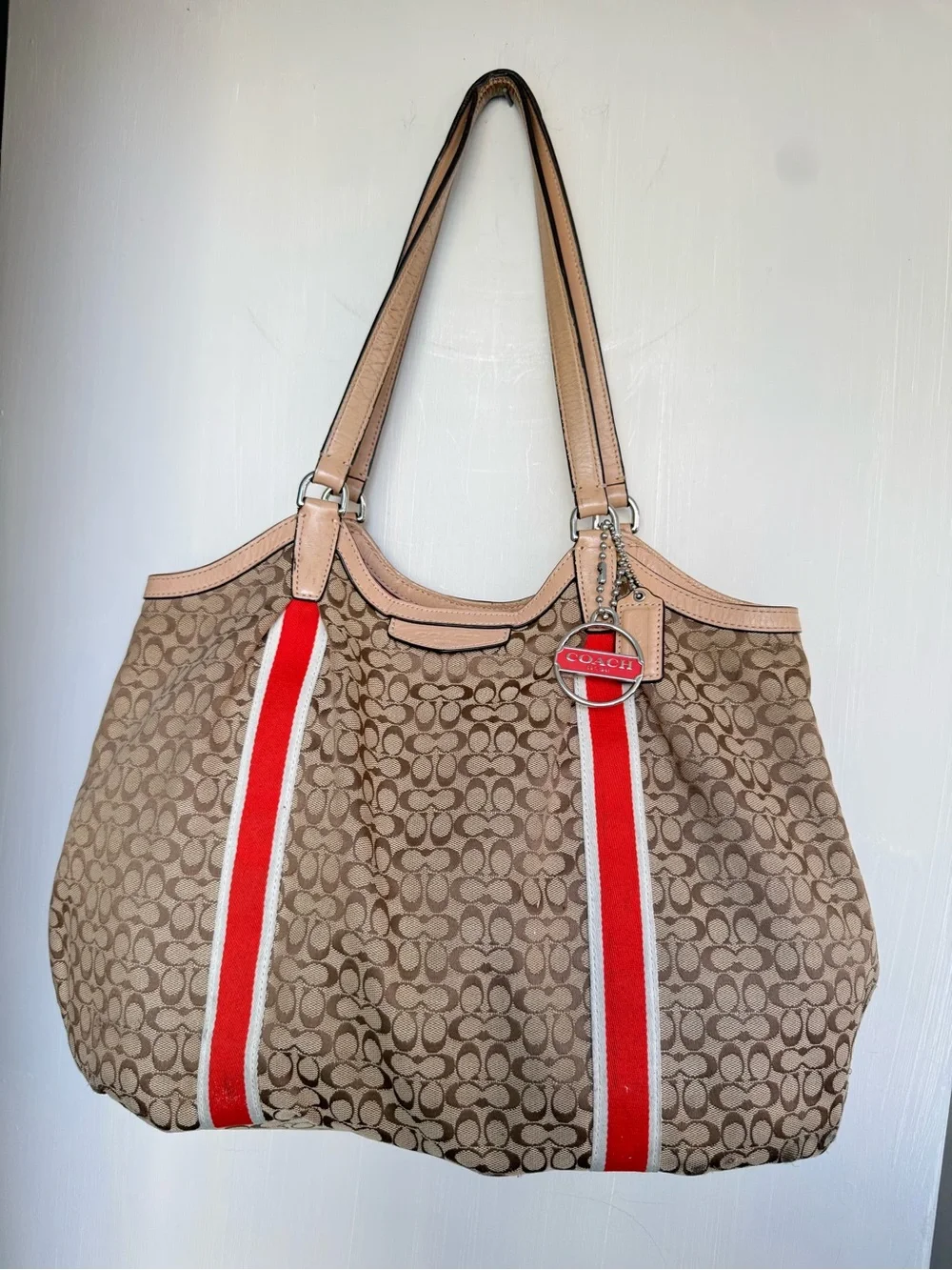 Coach Beige Signature Tote with Red Stripe Accents